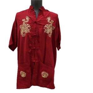 Quiksilver Dragon Embroidered Shirt Maroon Asian Style Men’s 4XL (Fits L/XL)